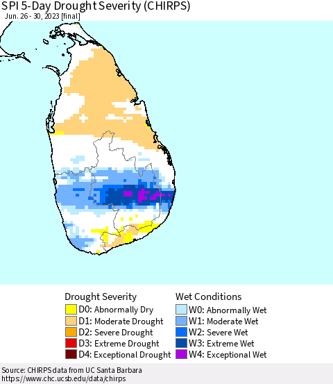 Sri Lanka SPI 5-Day Drought Severity (CHIRPS) Thematic Map For 6/26/2023 - 6/30/2023