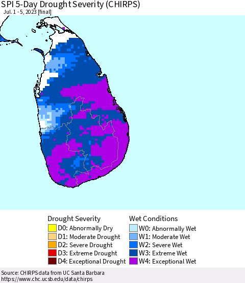 Sri Lanka SPI 5-Day Drought Severity (CHIRPS) Thematic Map For 7/1/2023 - 7/5/2023
