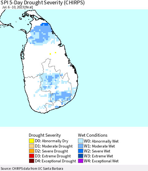 Sri Lanka SPI 5-Day Drought Severity (CHIRPS) Thematic Map For 7/6/2023 - 7/10/2023
