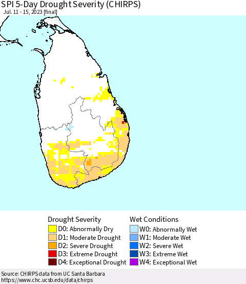 Sri Lanka SPI 5-Day Drought Severity (CHIRPS) Thematic Map For 7/11/2023 - 7/15/2023