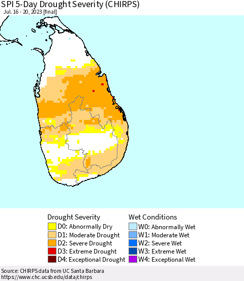 Sri Lanka SPI 5-Day Drought Severity (CHIRPS) Thematic Map For 7/16/2023 - 7/20/2023