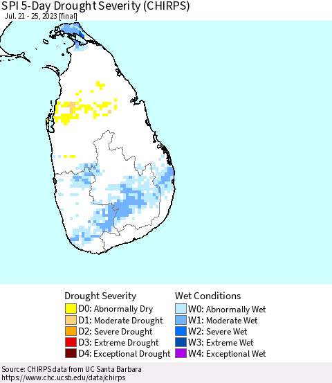 Sri Lanka SPI 5-Day Drought Severity (CHIRPS) Thematic Map For 7/21/2023 - 7/25/2023