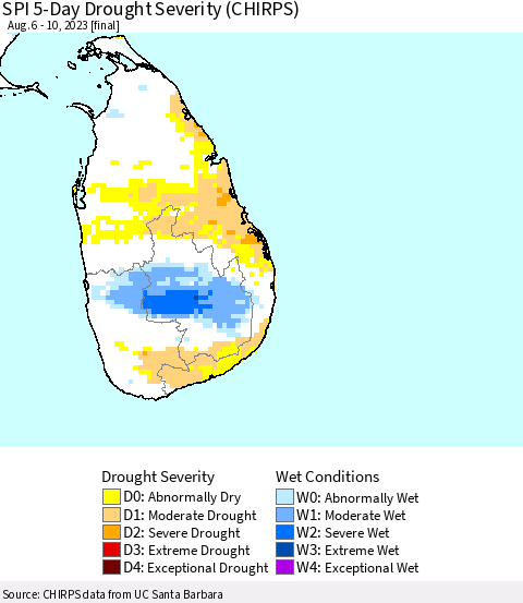 Sri Lanka SPI 5-Day Drought Severity (CHIRPS) Thematic Map For 8/6/2023 - 8/10/2023