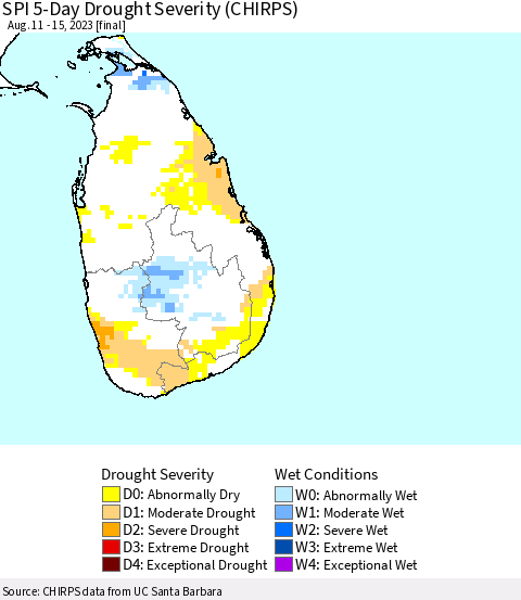 Sri Lanka SPI 5-Day Drought Severity (CHIRPS) Thematic Map For 8/11/2023 - 8/15/2023
