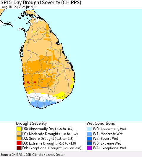 Sri Lanka SPI 5-Day Drought Severity (CHIRPS) Thematic Map For 8/16/2023 - 8/20/2023