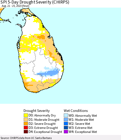 Sri Lanka SPI 5-Day Drought Severity (CHIRPS) Thematic Map For 8/21/2023 - 8/25/2023