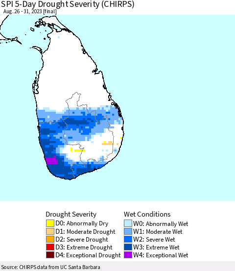 Sri Lanka SPI 5-Day Drought Severity (CHIRPS) Thematic Map For 8/26/2023 - 8/31/2023