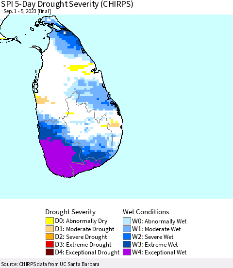 Sri Lanka SPI 5-Day Drought Severity (CHIRPS) Thematic Map For 9/1/2023 - 9/5/2023