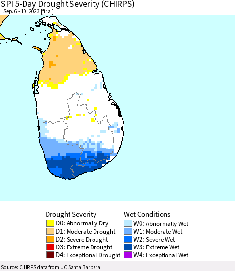 Sri Lanka SPI 5-Day Drought Severity (CHIRPS) Thematic Map For 9/6/2023 - 9/10/2023