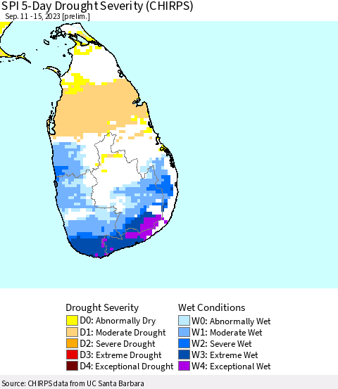 Sri Lanka SPI 5-Day Drought Severity (CHIRPS) Thematic Map For 9/11/2023 - 9/15/2023