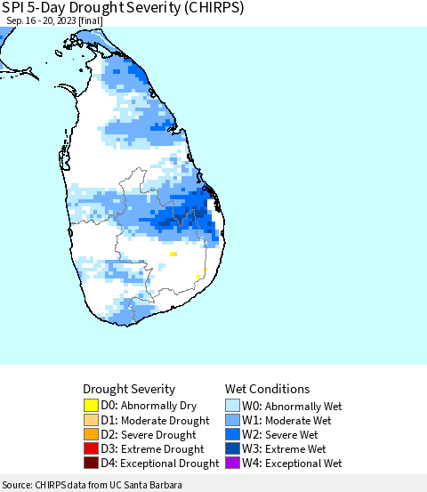 Sri Lanka SPI 5-Day Drought Severity (CHIRPS) Thematic Map For 9/16/2023 - 9/20/2023
