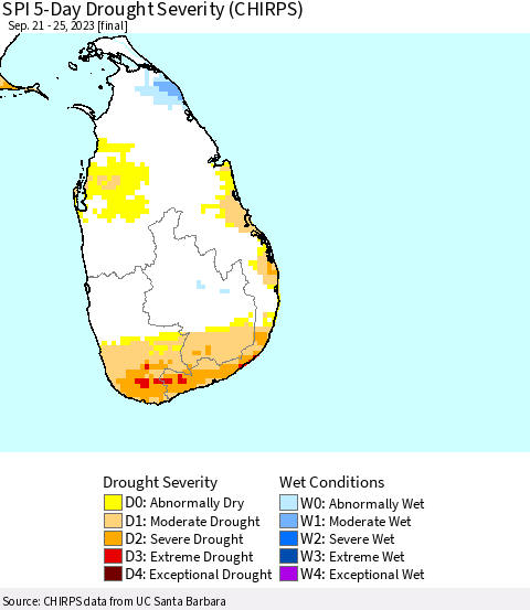 Sri Lanka SPI 5-Day Drought Severity (CHIRPS) Thematic Map For 9/21/2023 - 9/25/2023
