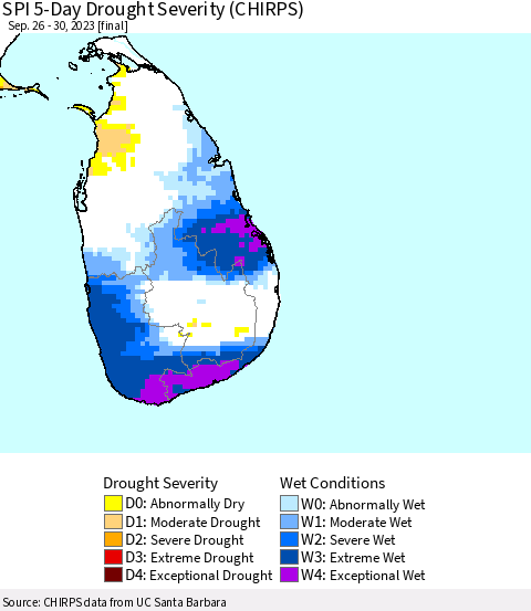Sri Lanka SPI 5-Day Drought Severity (CHIRPS) Thematic Map For 9/26/2023 - 9/30/2023