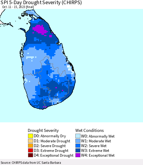Sri Lanka SPI 5-Day Drought Severity (CHIRPS) Thematic Map For 10/11/2023 - 10/15/2023