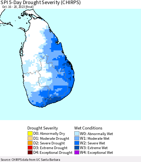 Sri Lanka SPI 5-Day Drought Severity (CHIRPS) Thematic Map For 10/16/2023 - 10/20/2023