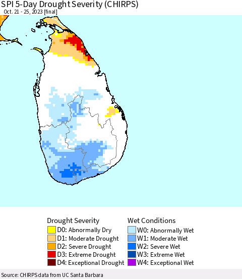 Sri Lanka SPI 5-Day Drought Severity (CHIRPS) Thematic Map For 10/21/2023 - 10/25/2023
