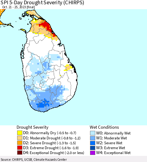 Sri Lanka SPI 5-Day Drought Severity (CHIRPS) Thematic Map For 10/21/2023 - 10/25/2023