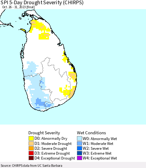 Sri Lanka SPI 5-Day Drought Severity (CHIRPS) Thematic Map For 10/26/2023 - 10/31/2023