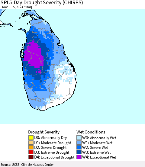 Sri Lanka SPI 5-Day Drought Severity (CHIRPS) Thematic Map For 11/1/2023 - 11/5/2023