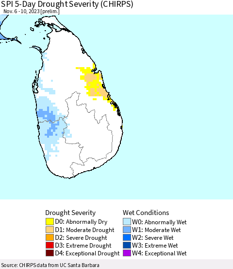 Sri Lanka SPI 5-Day Drought Severity (CHIRPS) Thematic Map For 11/6/2023 - 11/10/2023