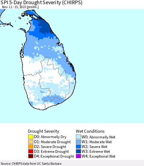 Sri Lanka SPI 5-Day Drought Severity (CHIRPS) Thematic Map For 11/11/2023 - 11/15/2023