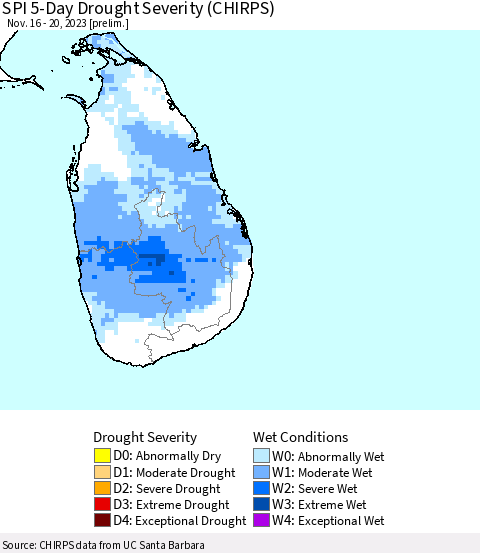 Sri Lanka SPI 5-Day Drought Severity (CHIRPS) Thematic Map For 11/16/2023 - 11/20/2023