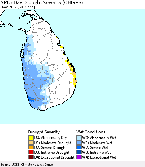 Sri Lanka SPI 5-Day Drought Severity (CHIRPS) Thematic Map For 11/21/2023 - 11/25/2023