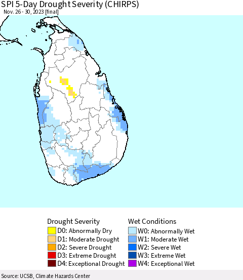 Sri Lanka SPI 5-Day Drought Severity (CHIRPS) Thematic Map For 11/26/2023 - 11/30/2023