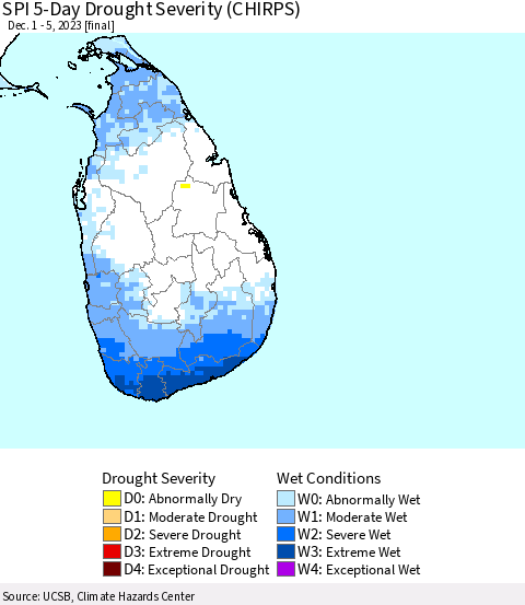Sri Lanka SPI 5-Day Drought Severity (CHIRPS) Thematic Map For 12/1/2023 - 12/5/2023