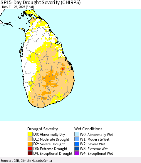 Sri Lanka SPI 5-Day Drought Severity (CHIRPS) Thematic Map For 12/21/2023 - 12/25/2023