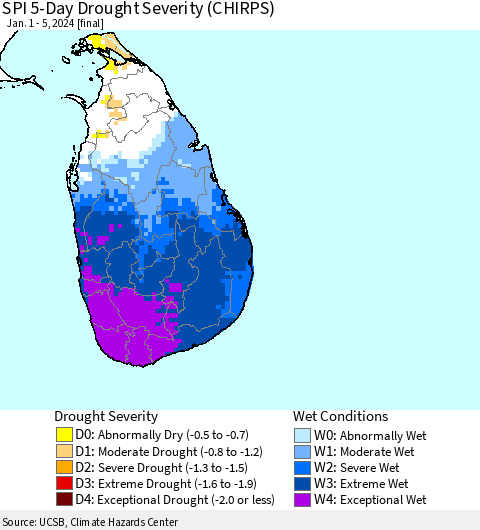 Sri Lanka SPI 5-Day Drought Severity (CHIRPS) Thematic Map For 1/1/2024 - 1/5/2024