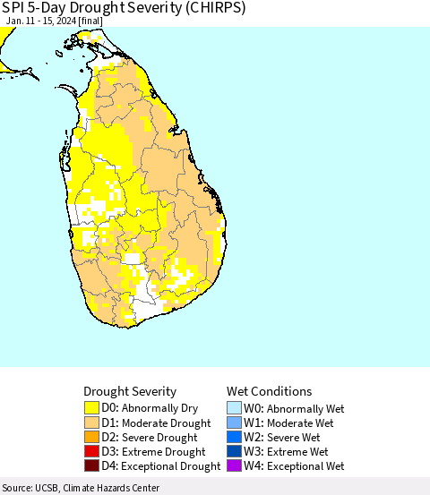 Sri Lanka SPI 5-Day Drought Severity (CHIRPS) Thematic Map For 1/11/2024 - 1/15/2024