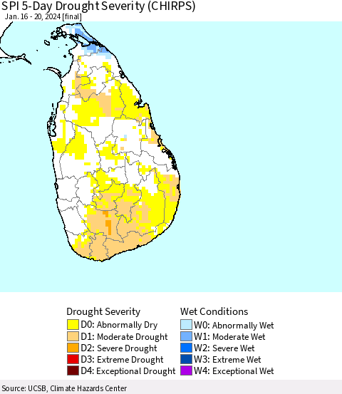 Sri Lanka SPI 5-Day Drought Severity (CHIRPS) Thematic Map For 1/16/2024 - 1/20/2024