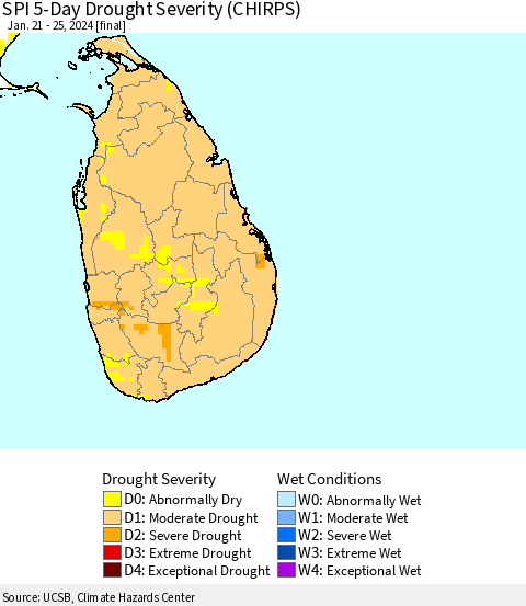 Sri Lanka SPI 5-Day Drought Severity (CHIRPS) Thematic Map For 1/21/2024 - 1/25/2024