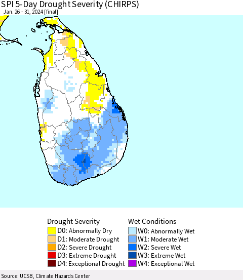 Sri Lanka SPI 5-Day Drought Severity (CHIRPS) Thematic Map For 1/26/2024 - 1/31/2024