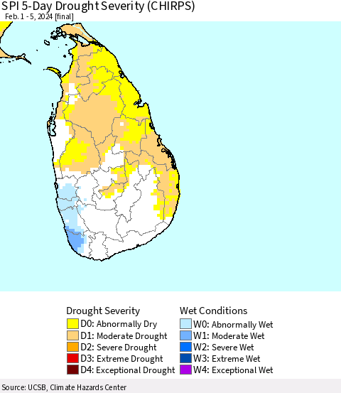 Sri Lanka SPI 5-Day Drought Severity (CHIRPS) Thematic Map For 2/1/2024 - 2/5/2024