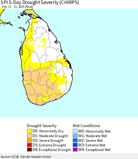 Sri Lanka SPI 5-Day Drought Severity (CHIRPS) Thematic Map For 2/11/2024 - 2/15/2024