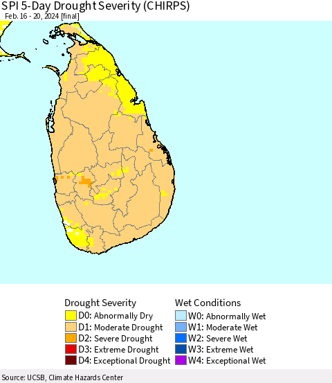Sri Lanka SPI 5-Day Drought Severity (CHIRPS) Thematic Map For 2/16/2024 - 2/20/2024