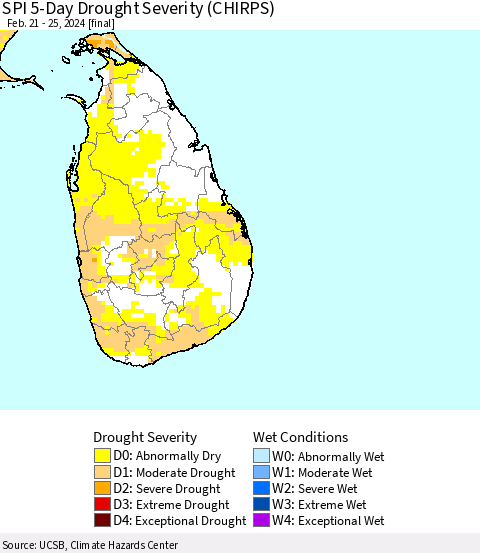 Sri Lanka SPI 5-Day Drought Severity (CHIRPS) Thematic Map For 2/21/2024 - 2/25/2024
