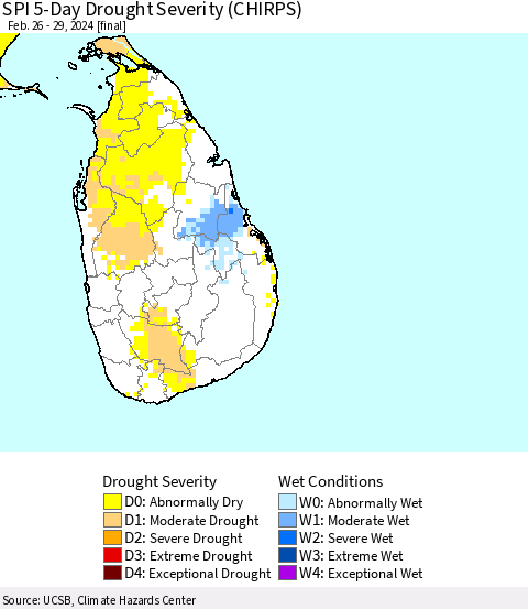 Sri Lanka SPI 5-Day Drought Severity (CHIRPS) Thematic Map For 2/26/2024 - 2/29/2024