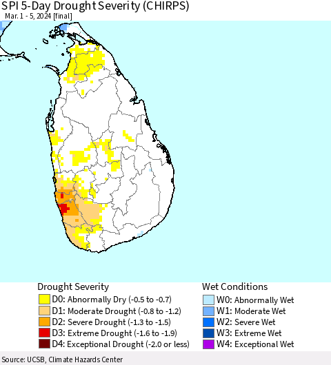 Sri Lanka SPI 5-Day Drought Severity (CHIRPS) Thematic Map For 3/1/2024 - 3/5/2024