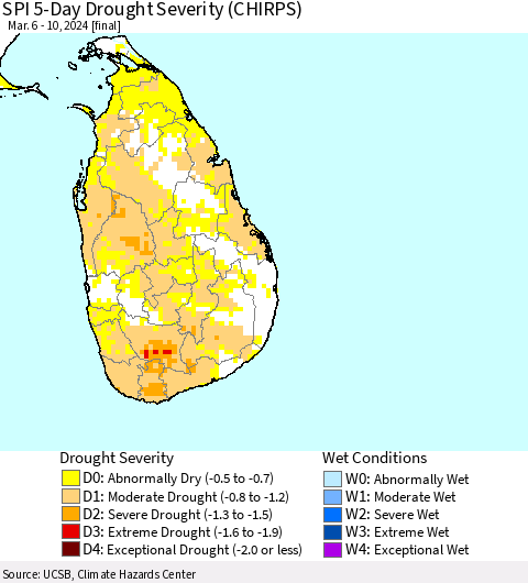Sri Lanka SPI 5-Day Drought Severity (CHIRPS) Thematic Map For 3/6/2024 - 3/10/2024