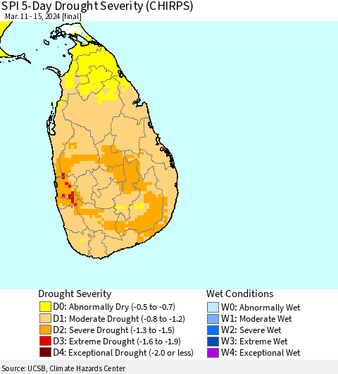 Sri Lanka SPI 5-Day Drought Severity (CHIRPS) Thematic Map For 3/11/2024 - 3/15/2024