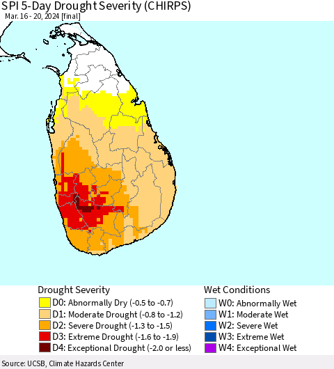 Sri Lanka SPI 5-Day Drought Severity (CHIRPS) Thematic Map For 3/16/2024 - 3/20/2024