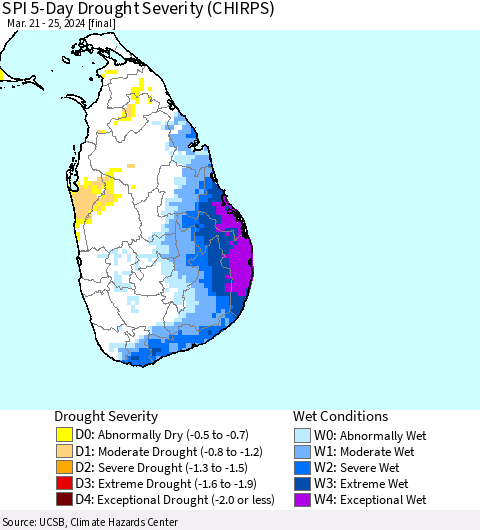 Sri Lanka SPI 5-Day Drought Severity (CHIRPS) Thematic Map For 3/21/2024 - 3/25/2024