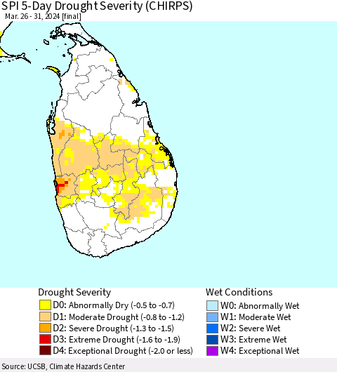 Sri Lanka SPI 5-Day Drought Severity (CHIRPS) Thematic Map For 3/26/2024 - 3/31/2024