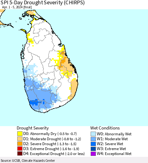 Sri Lanka SPI 5-Day Drought Severity (CHIRPS) Thematic Map For 4/1/2024 - 4/5/2024