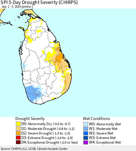 Sri Lanka SPI 5-Day Drought Severity (CHIRPS) Thematic Map For 4/1/2024 - 4/5/2024
