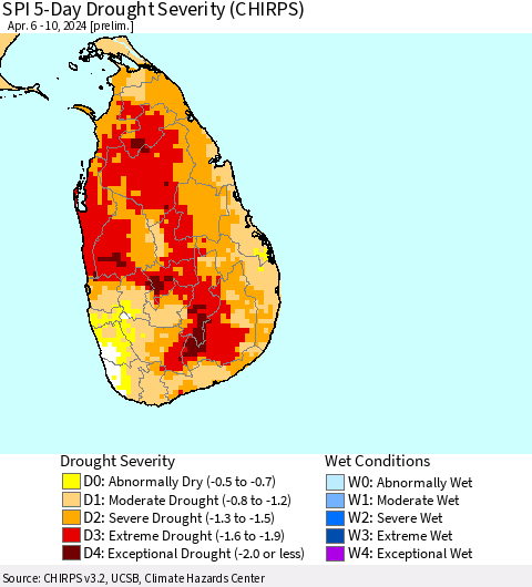 Sri Lanka SPI 5-Day Drought Severity (CHIRPS) Thematic Map For 4/6/2024 - 4/10/2024