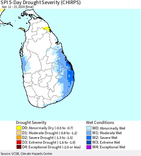 Sri Lanka SPI 5-Day Drought Severity (CHIRPS) Thematic Map For 4/11/2024 - 4/15/2024